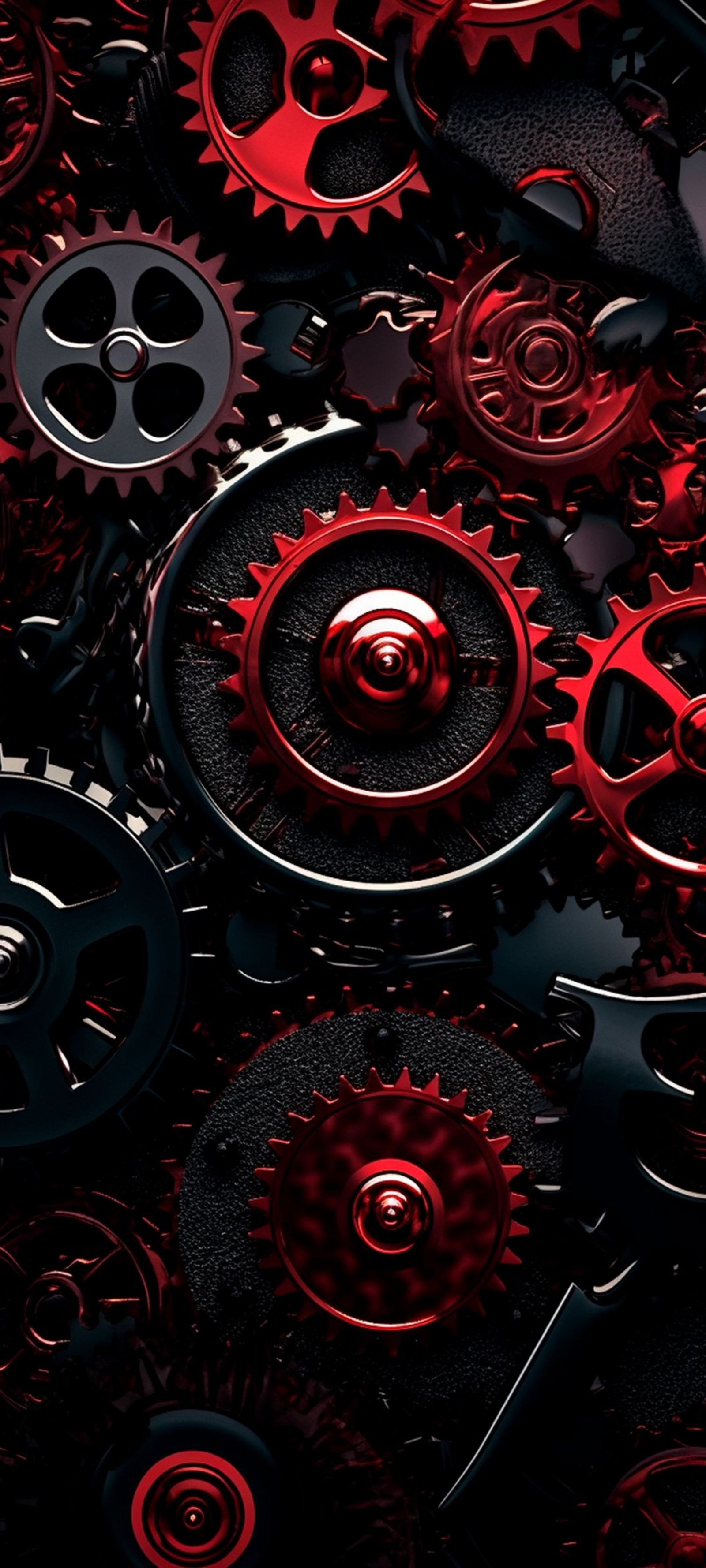 Gears and cogs are arranged in a pattern on a black background (circle, automotive tire, light, black, red)