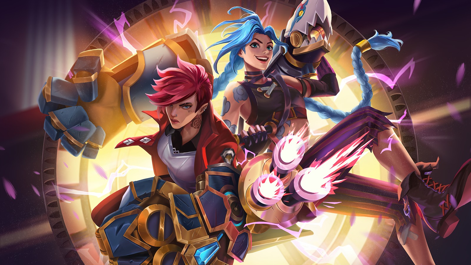 Two female characters in armor and armor with a glowing background (vi, jinx, arcane series, tv series, arcane)