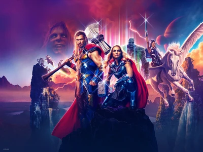 Filmplakat Thor: Liebe und Donner mit Thor, Jane Foster, Gorr dem Gotteschlachter, Korg und Valkyrie