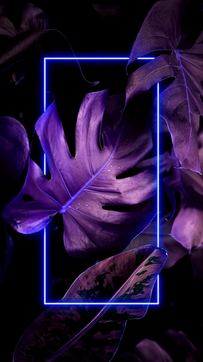 Feuilles violettes vibrantes encadrées de bleu électrique