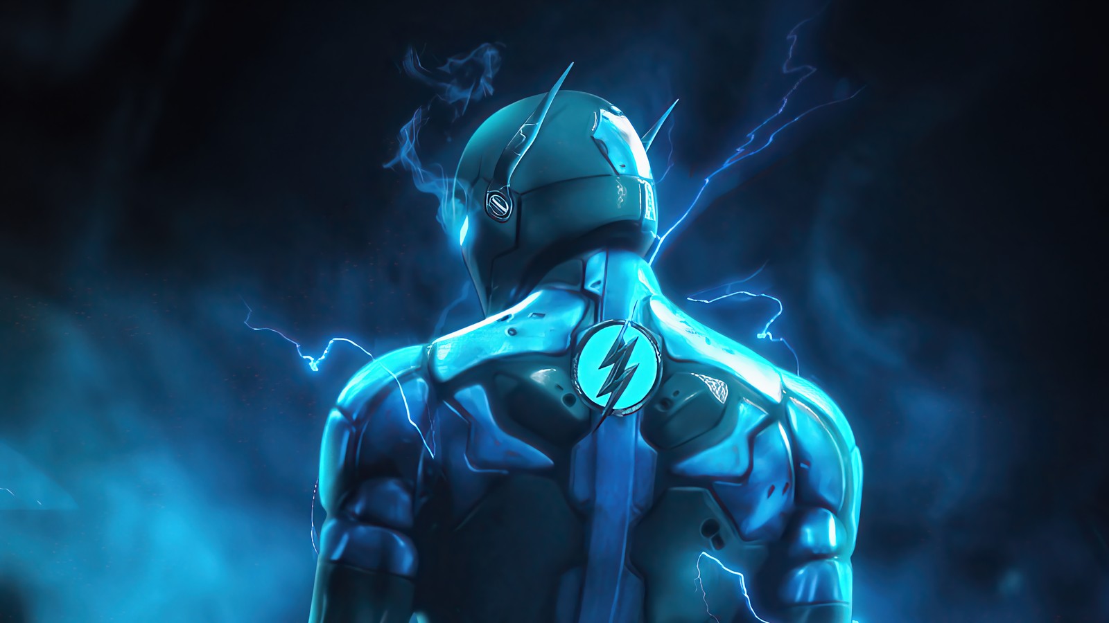 A close up of a person in a blue suit with lightning coming out of his back (zoom, hunter zolomon, dc comics, supervillain, comics)