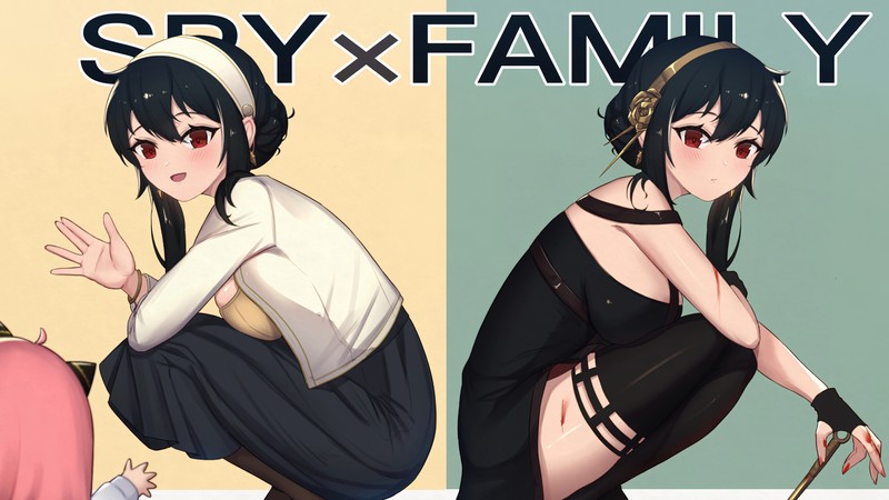 Крупный план двух аниме персонажей с разными выражениями (yor forger, spy x family, аниме, anime)