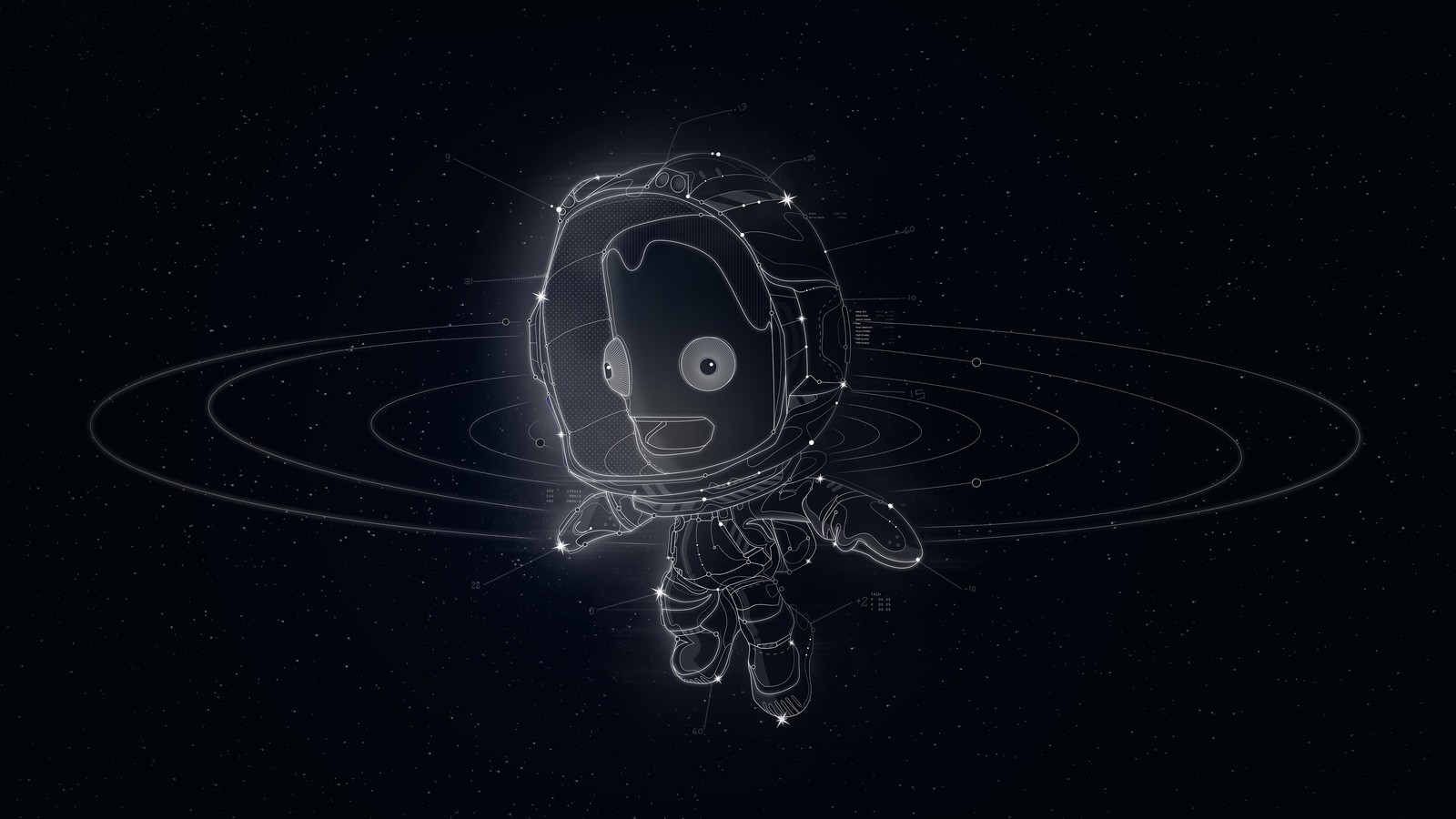 A close up of a person in a space suit floating in the air (illustration, space, video games)