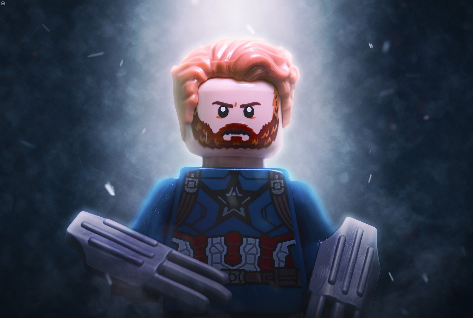 Lego man with a beard and a gun in his hand (captain america, iron man, toy, action figure, illustration)