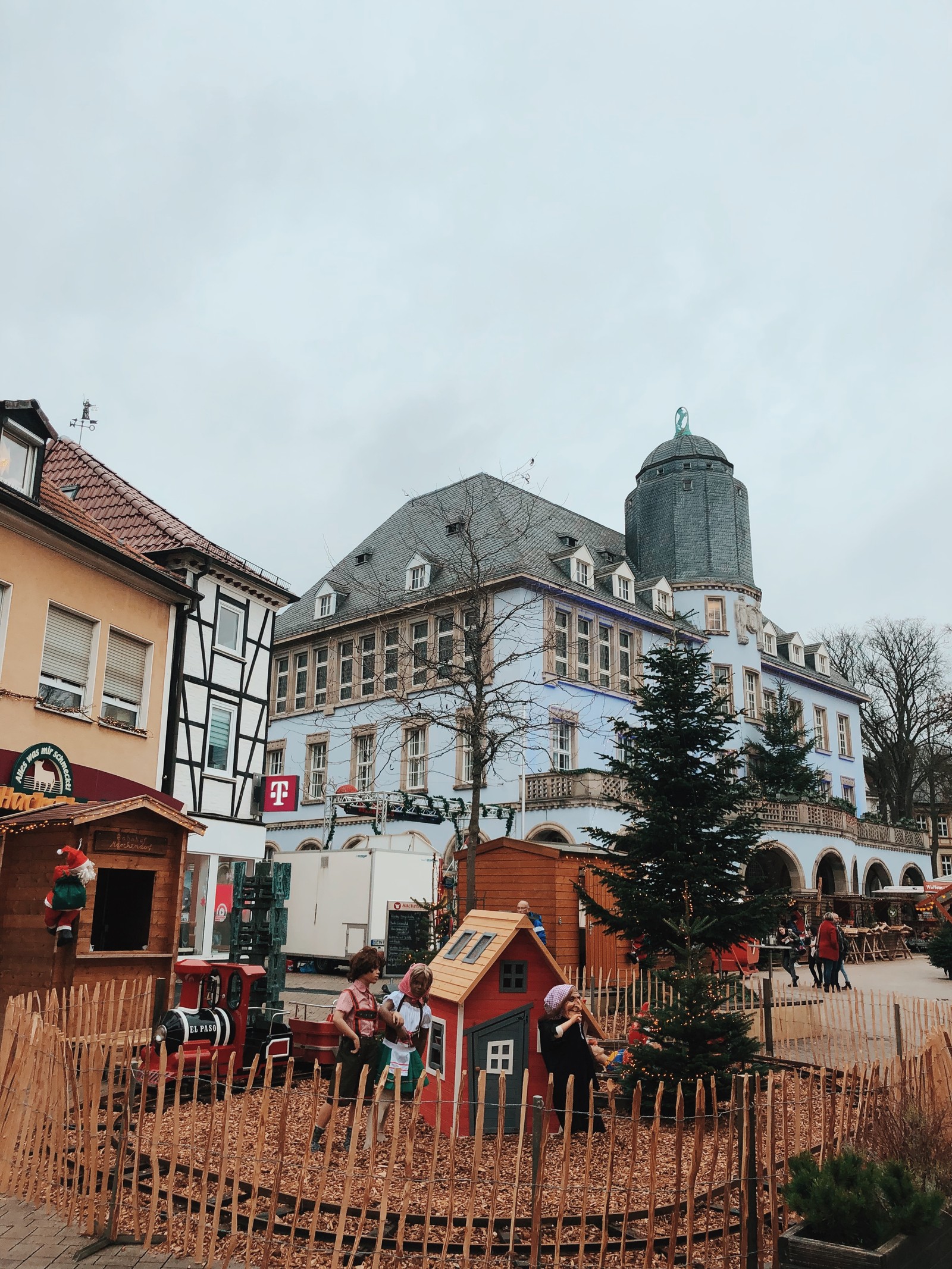 There is a small christmas tree in front of a building (roof, window, building, town, dome)