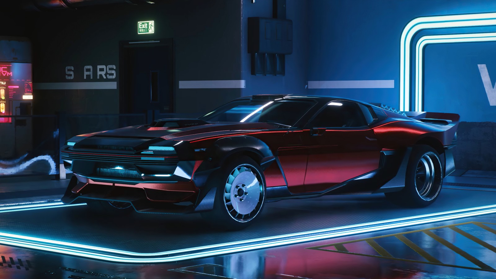 Ein rotes auto ist auf einem parkplatz mit neonlichtern geparkt (cyberpunk 2077, videospiel, sportwagen)