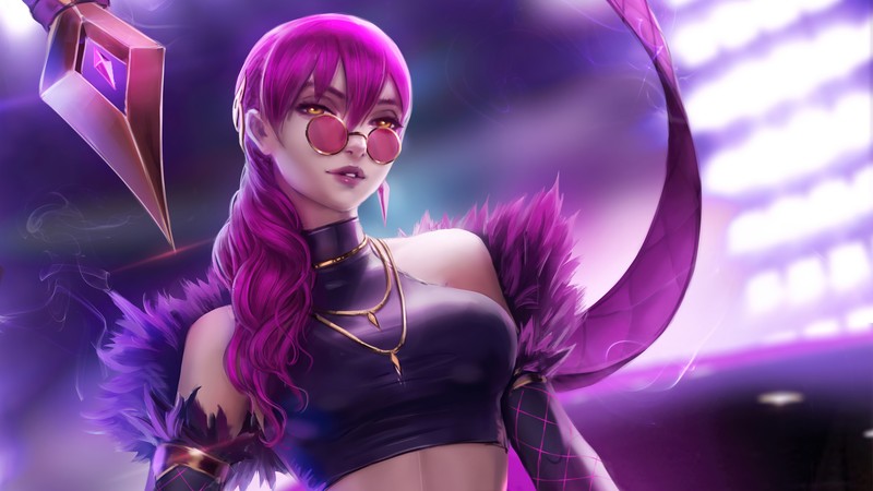 Женщина с розовыми волосами и очками, держащая меч (evelynn, kda, league of legends, lol, видеоигра)