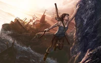 Lara Croft en acción: escalando acantilados en medio de una aventura de naufragio