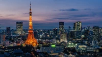 Torre de Tóquio iluminada contra um cenário urbano ao anoitecer