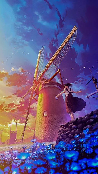 Faszinierende Anime-Landschaft: Eine junge Frau, die den Wind an einer majestätischen Windmühle umarmt, umgeben von lebhaften blauen Blumen