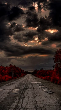 Route couleur cramoisie sous un ciel menaçant