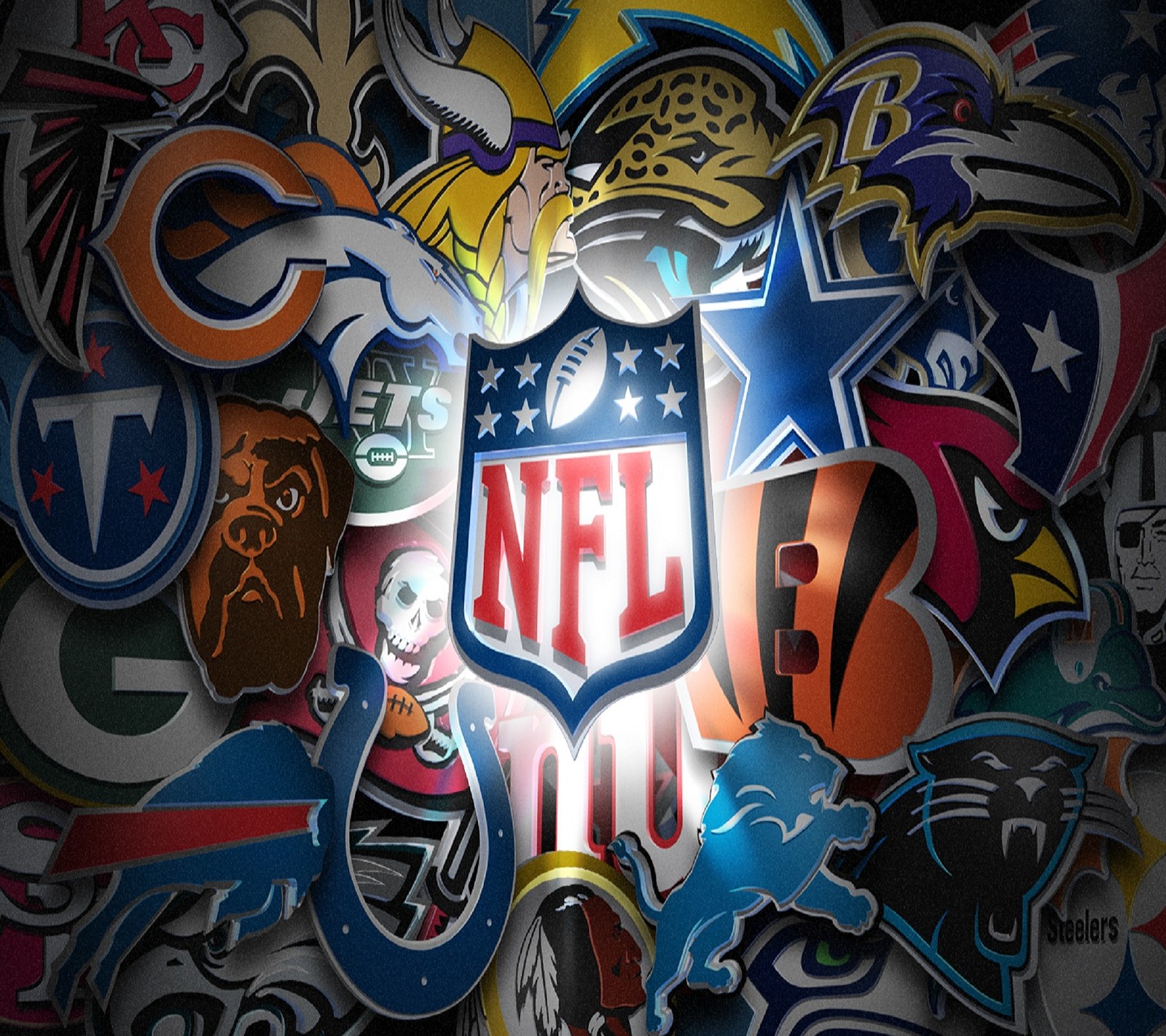 Eine nahaufnahme einer wand mit nfl-logos und licht (fußball, nfl)