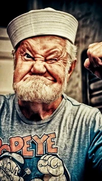 Um homem grisalho com uma barba espessa, usando um boné de marinheiro e uma camiseta do "Popeye", faz uma expressão brincalhona e exagerada enquanto flexiona seu braço.