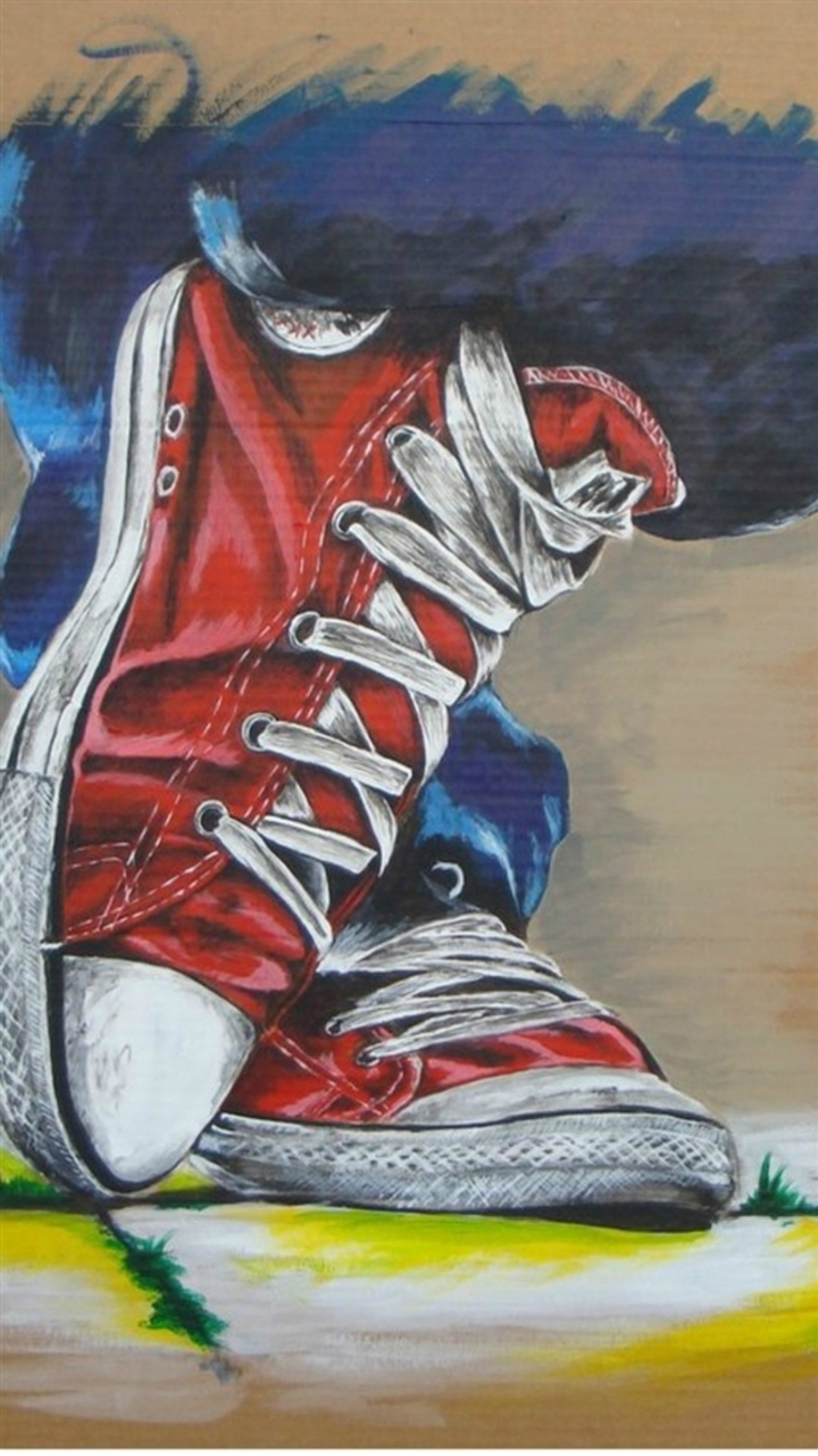 Pintura de um sapato vermelho com cadarços brancos em uma superfície amarela (converse, desenhado)