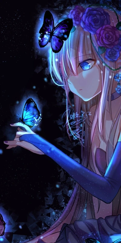 Fille anime enchantée avec des papillons dans un paysage nocturne de rêve