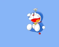 Doraemon volando con alegría en un cielo azul