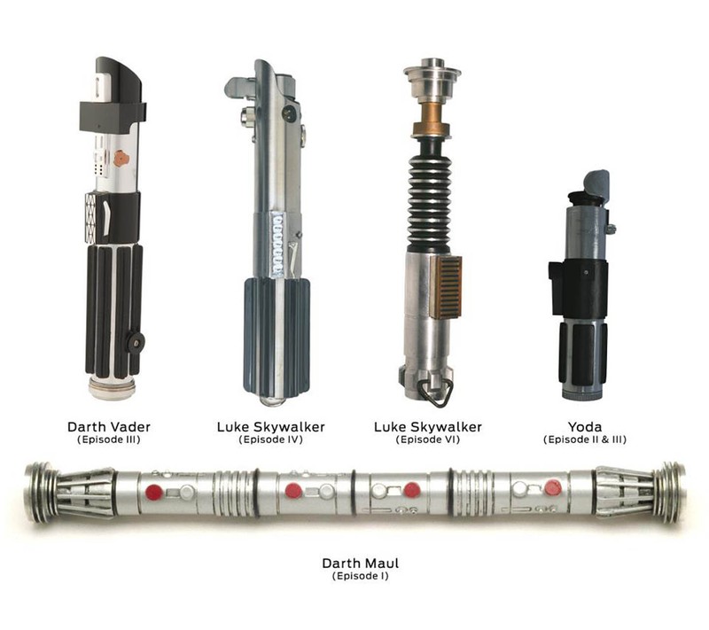 Крупный план группы различных типов световых мечей (дарк, darth, лук, luke, молото)