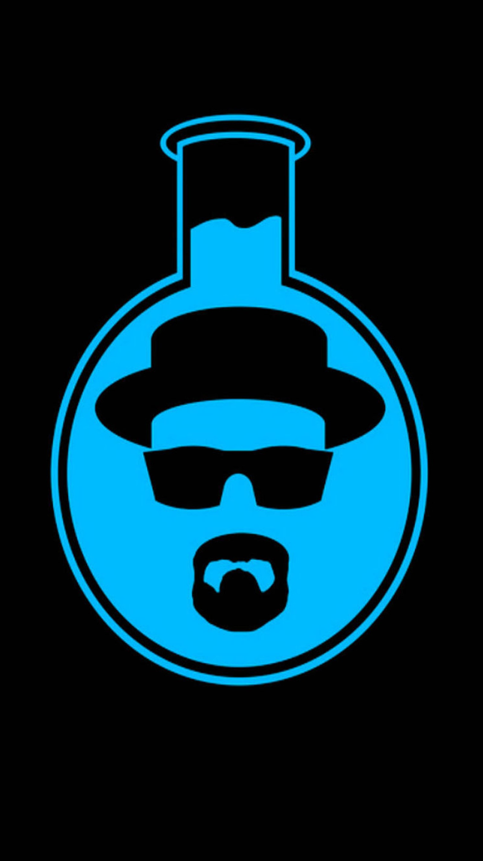 A close up of a blue flask with a man wearing a hat and glasses (amc, bad, blue, breaking, cool)