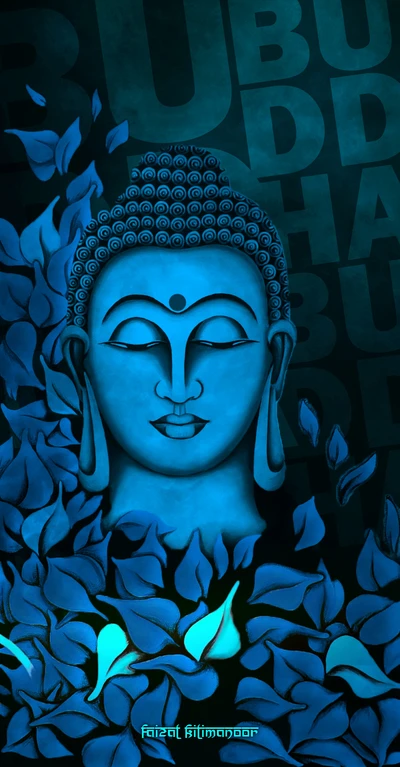 Bouddha Bleu Serein au Milieu de Feuilles Tranquilles