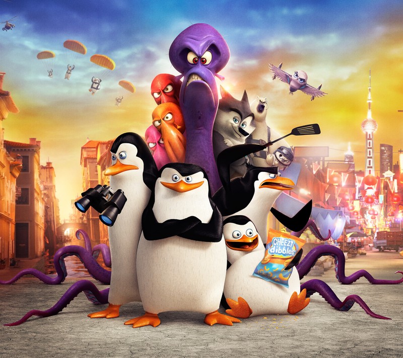 Группа пингвинов и осьминогов стоит в ряд. (kowalski, пингвины, penguins of madagascar, рико, rico)