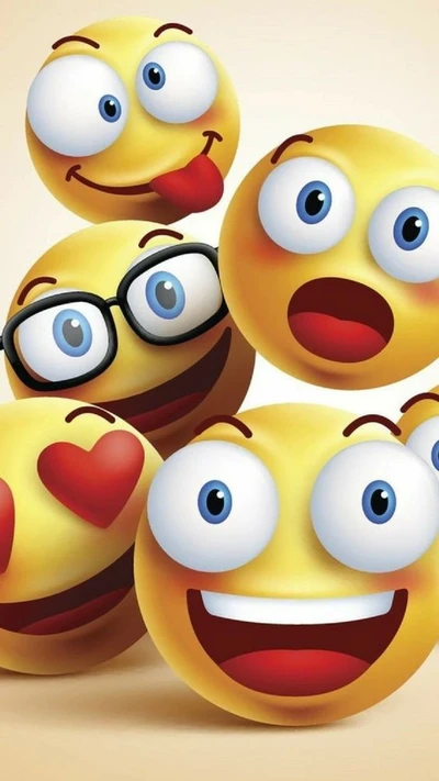 Uma coleção vibrante de rostos emoji alegres expressando várias emoções e sorrisos.