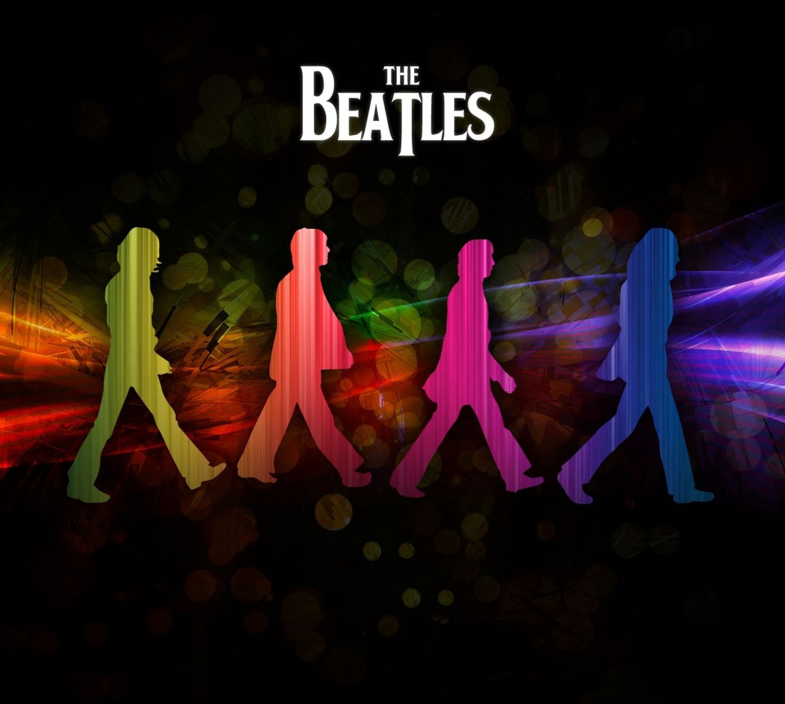 A group of people walking across a dark street with a neon background (abbey, abstract, band, beatles, colorful)