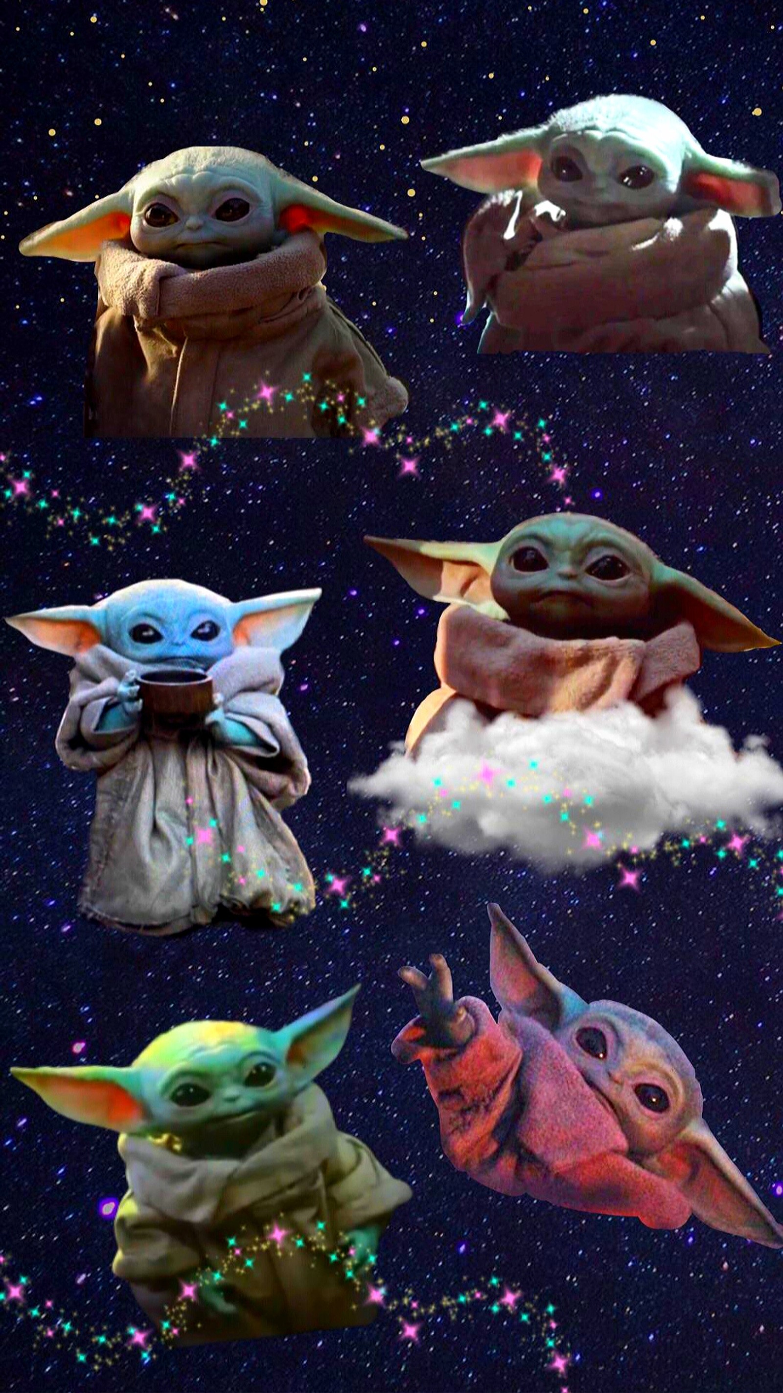 Un gros plan d'un bébé yoda et d'autres personnages de bébé yoda (bébé, bébé yoda, baby yoda, galaxie, espace)