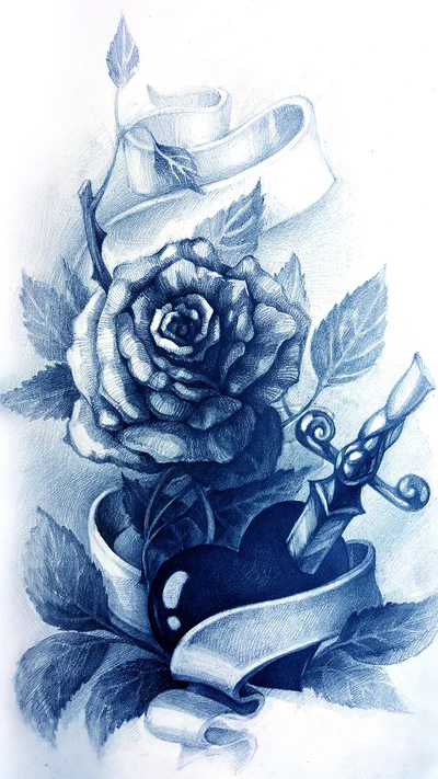 Design de tatuagem intrincado apresentando uma rosa, um coração e uma adaga em tinta monocromática.