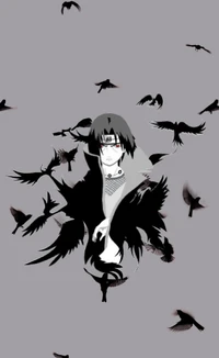 Itachi Uchiha surrounded by crows, embodying the power of the Sharingan.