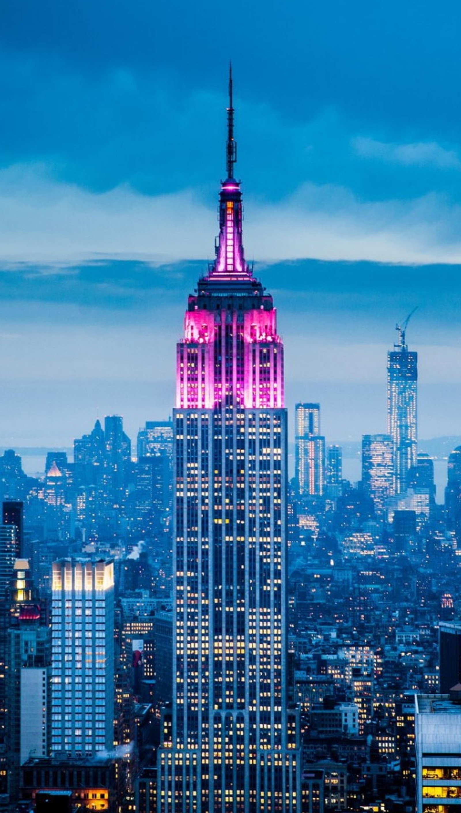 Vista arafed de una ciudad con un edificio muy alto iluminado en rosa (edificio, empire state, panorama)