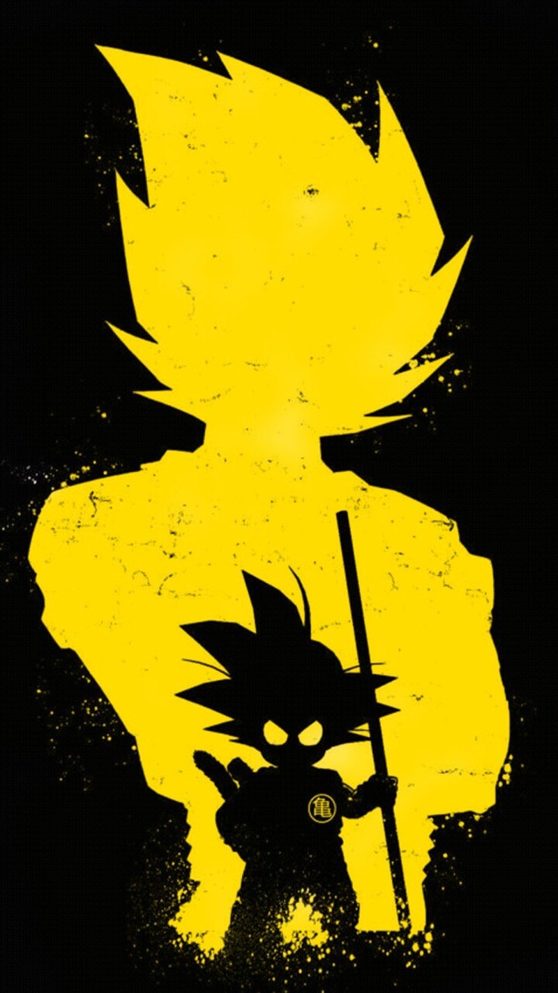 Dragon ball goku silhouetted against a yellow background with a black background (ball, dragon)