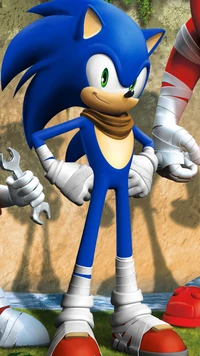 Sonic der Igel mit selbstbewusster Haltung und einem Schraubenschlüssel, bereit für Action.