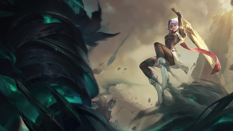 Женщина в белом наряде держит меч и меч (страж, riven, league of legends, legends of runeterra, видеоигра)