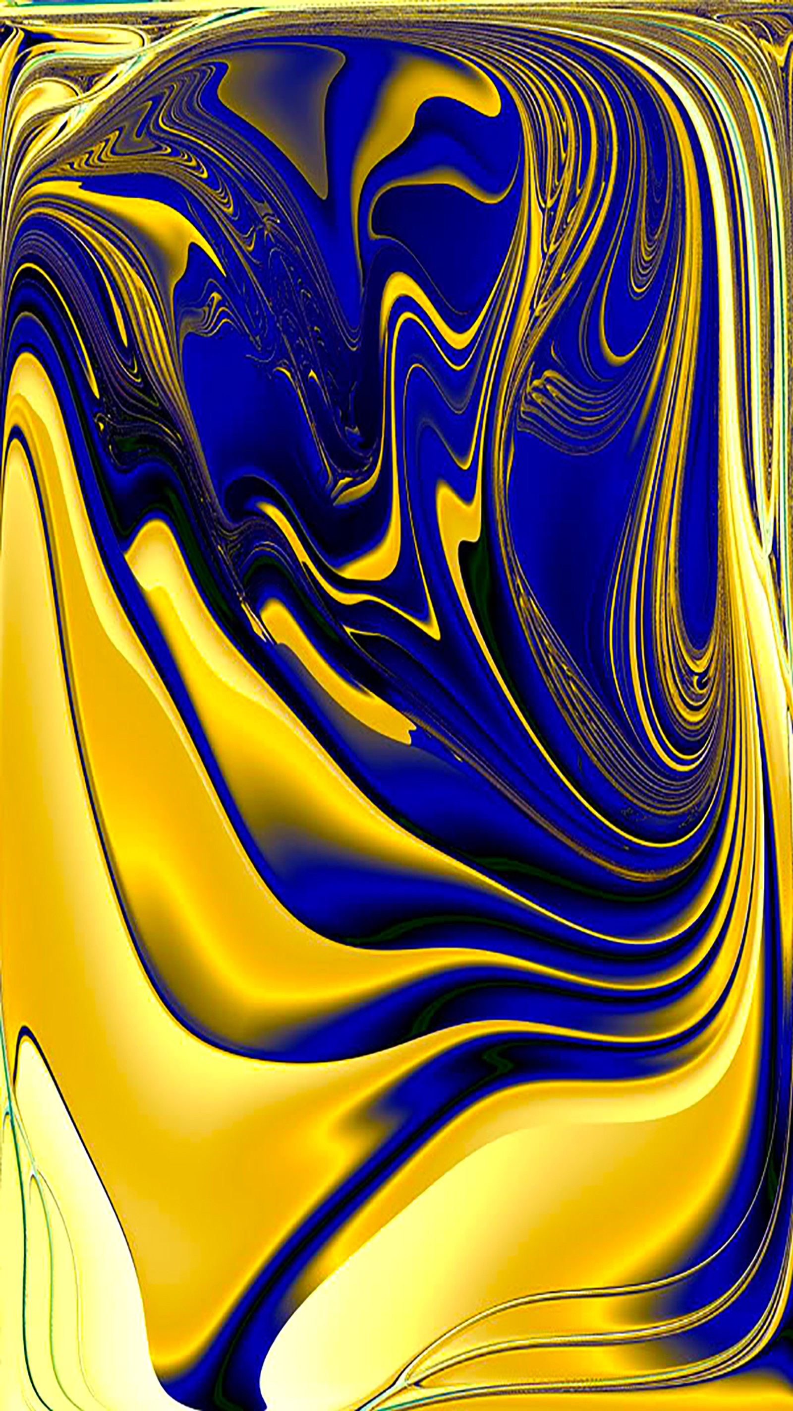 Abstract painting of a yellow and blue swirl with a white flower (blue, golden)