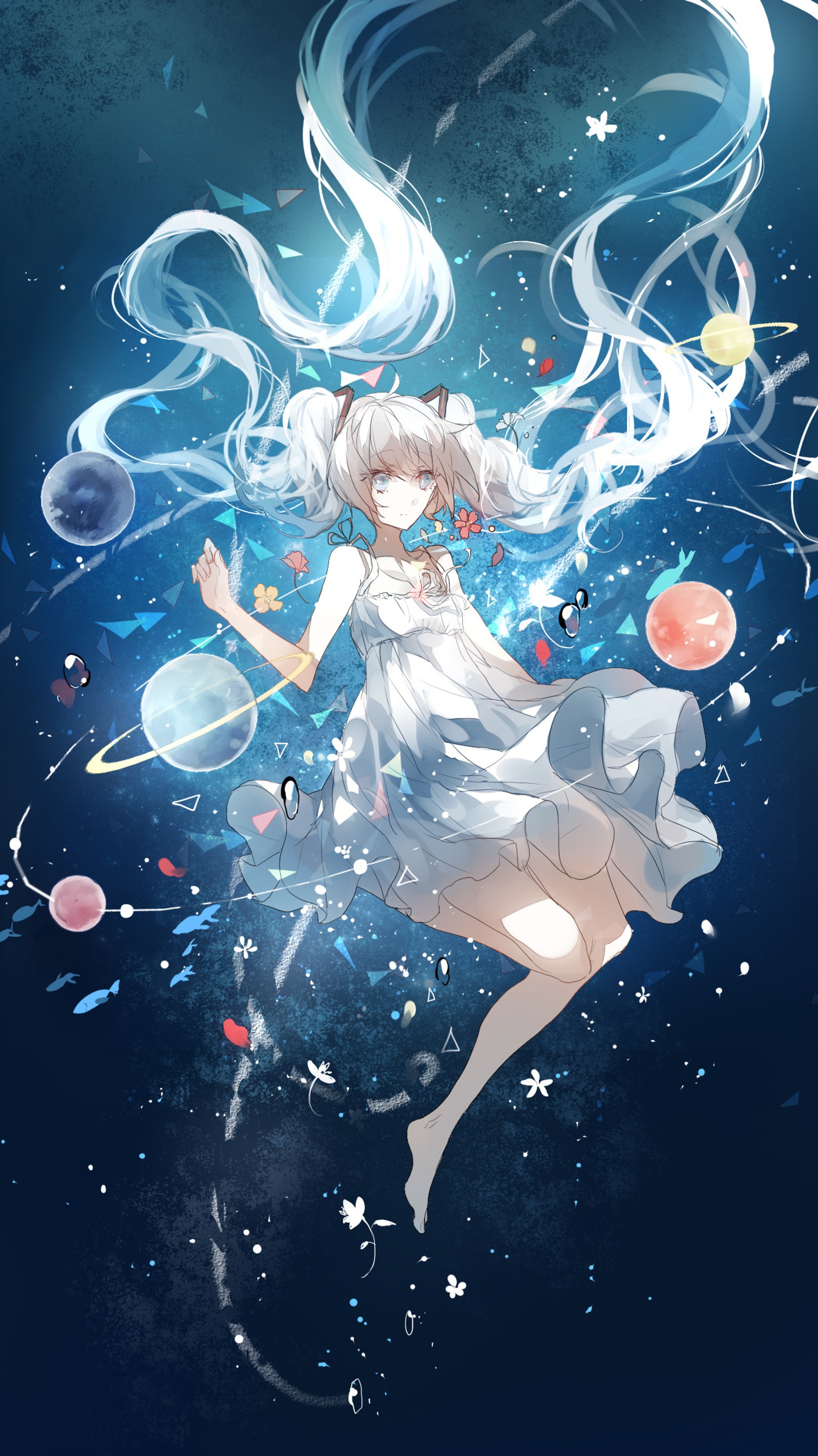 Chica de anime en un vestido blanco con globos flotando alrededor (chica de anime, planetas, espacio)