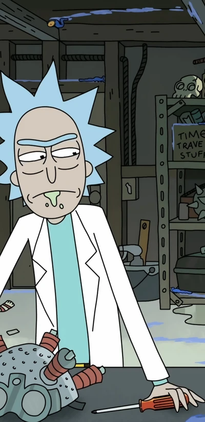 Rick en una sala de vapor rodeado de gadgets y un artefacto misterioso de "Rick y Morty".