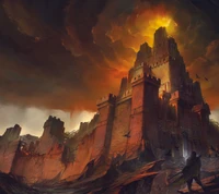 Dark Fortress of Conquest Amidst Fiery Skies