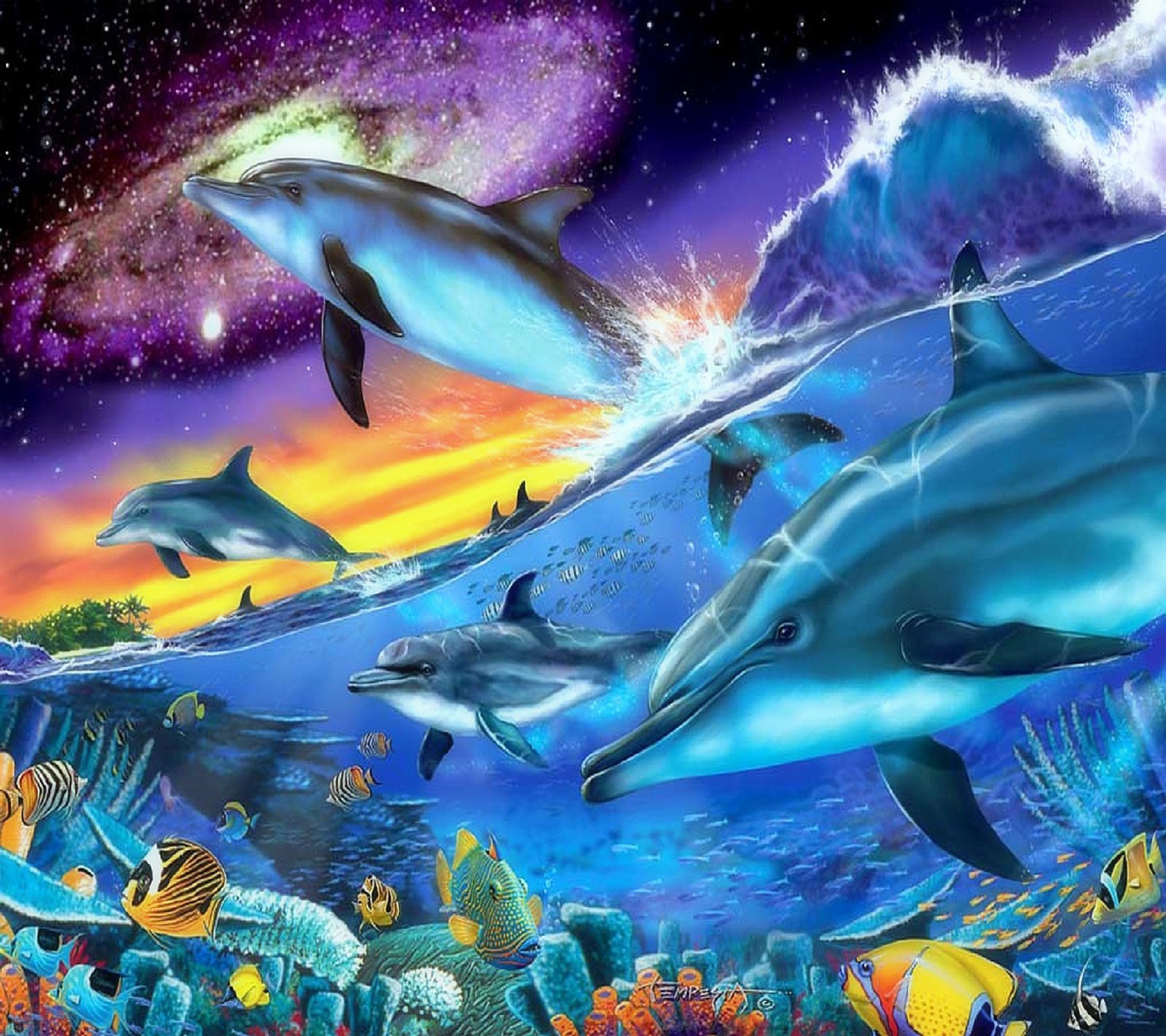 Des dauphins dans l'océan avec un ciel coloré et des étoiles en arrière-plan (dauphins, papier peint)