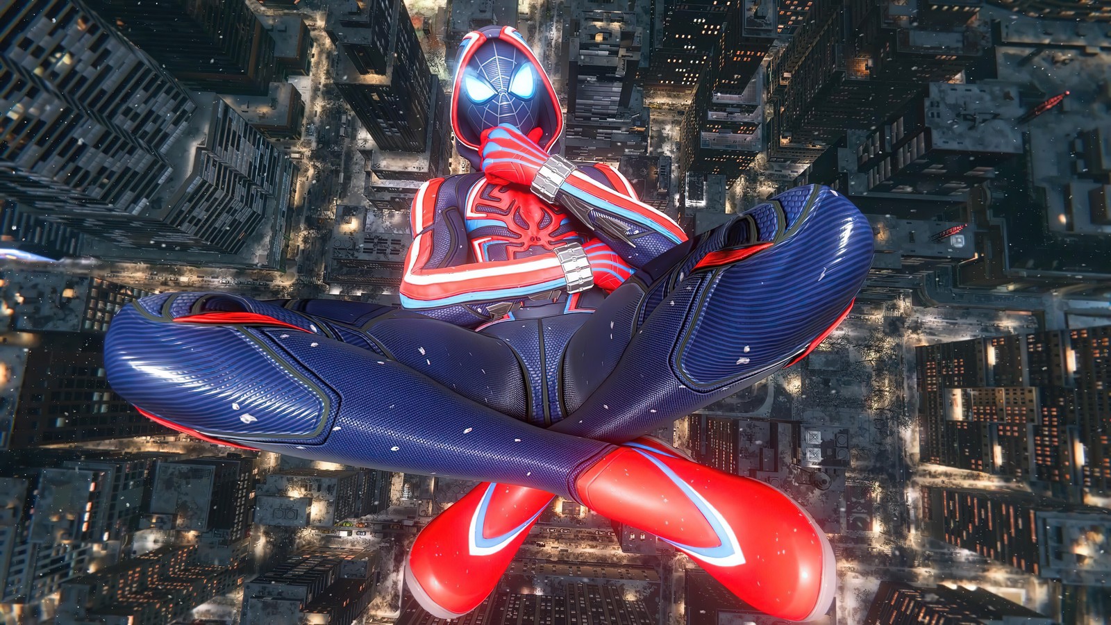 Spider-man in einem anzug sitzt auf dem rand eines wolkenkratzers (marvels spider man miles morales, playstation 5, ps5, ps4, videospiel)