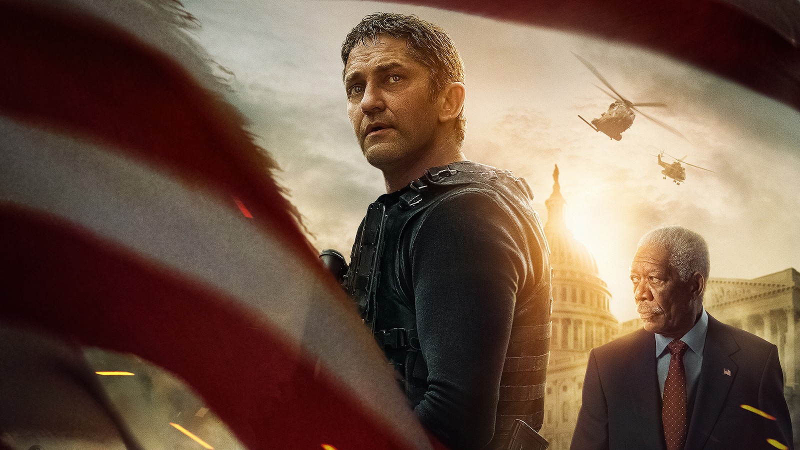 Ein arabisches bild eines mannes im anzug und mit krawatte vor einer amerikanischen flagge (angel has fallen, film, gerard butler, morgan freeman)