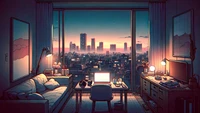 Cozy Urban Retreat: A Lofi Cityscape at Dusk