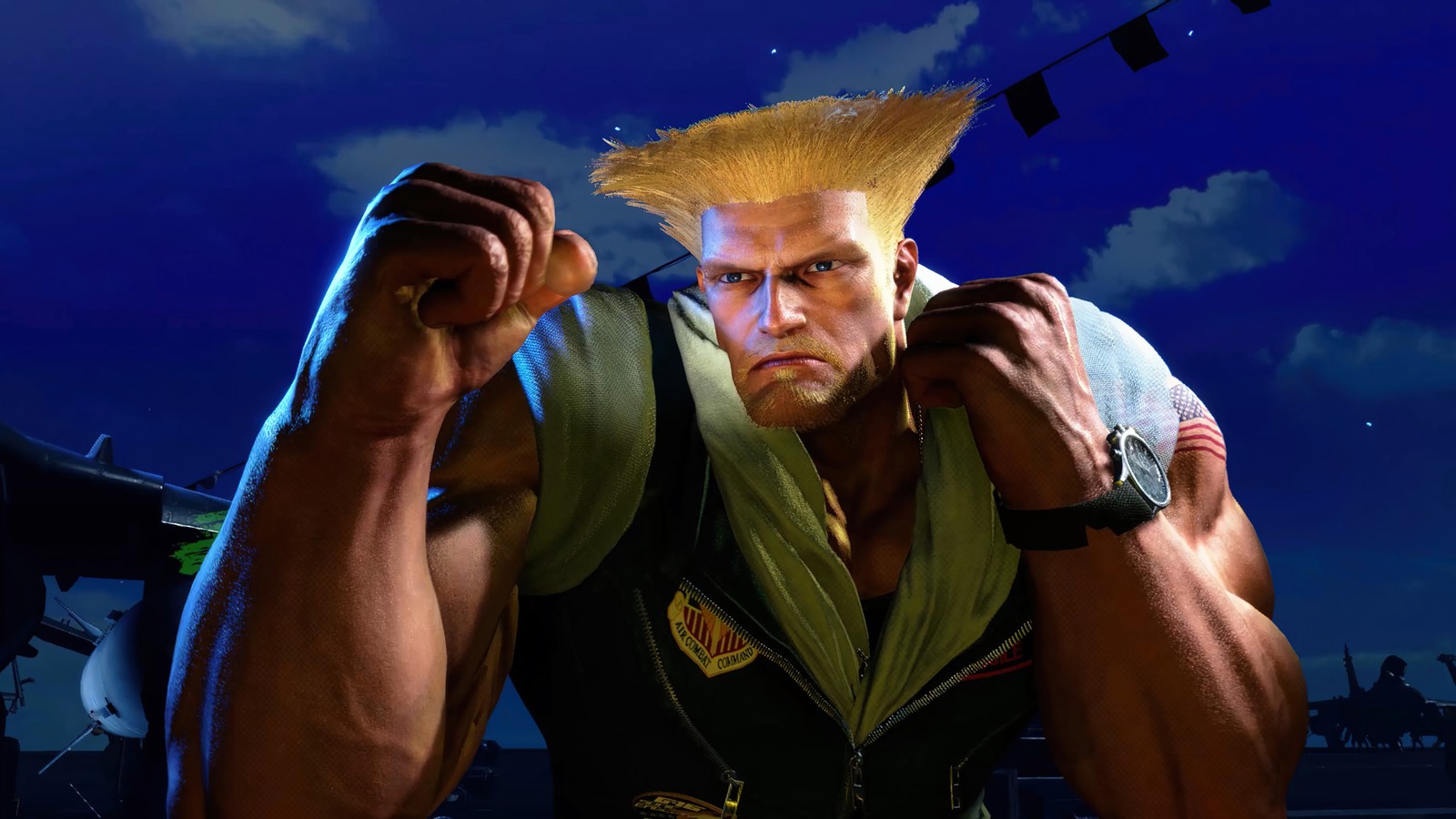 Крупный план человека с кулаком в игре (гайл, guile, street fighter 6, s56, видеоигра)