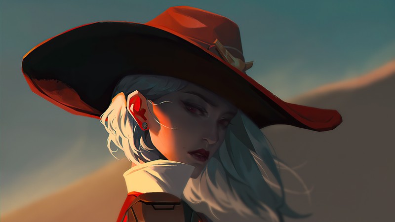 Женщина в красной шляпе и белой рубашке с красной шляпой (ashe, overwatch, видеоигра, искусство)