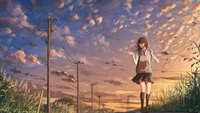 Anime Girl in School Uniform Walking at Sunset