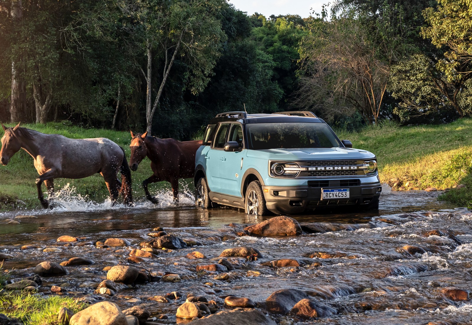 Арафы пересекают поток в лесу с синим грузовиком (ford bronco sport wildtrak, 2021, внедорожный, полный привод, крутой)