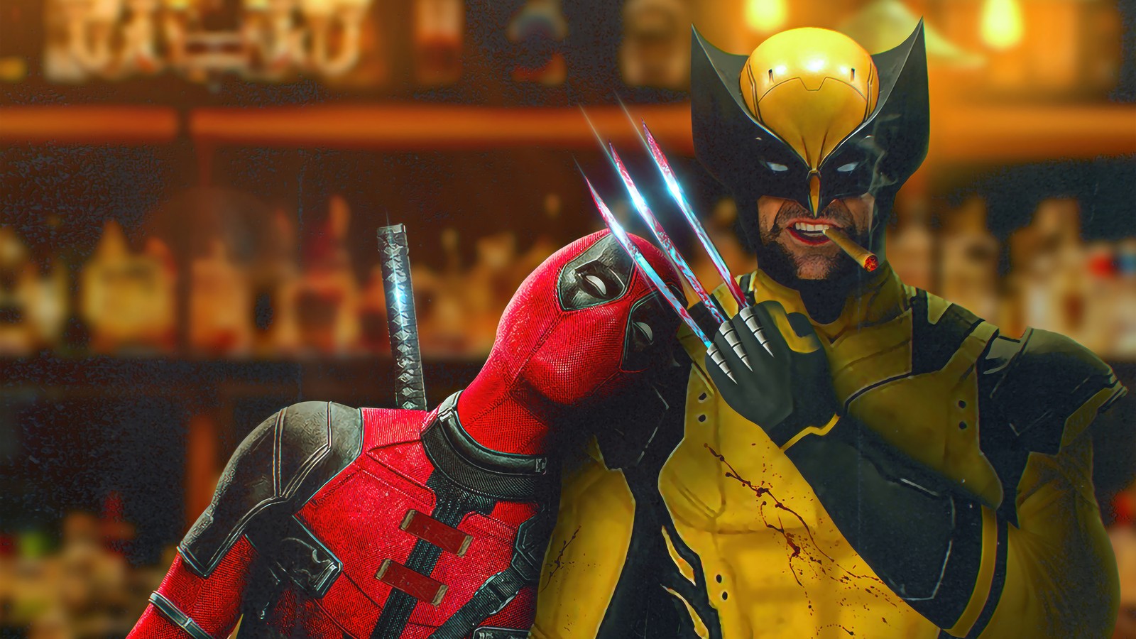 Wolverine et deadpool dans un bar avec une bouteille d'alcool (deadpool et wolverine, film, marvel, wolverine)