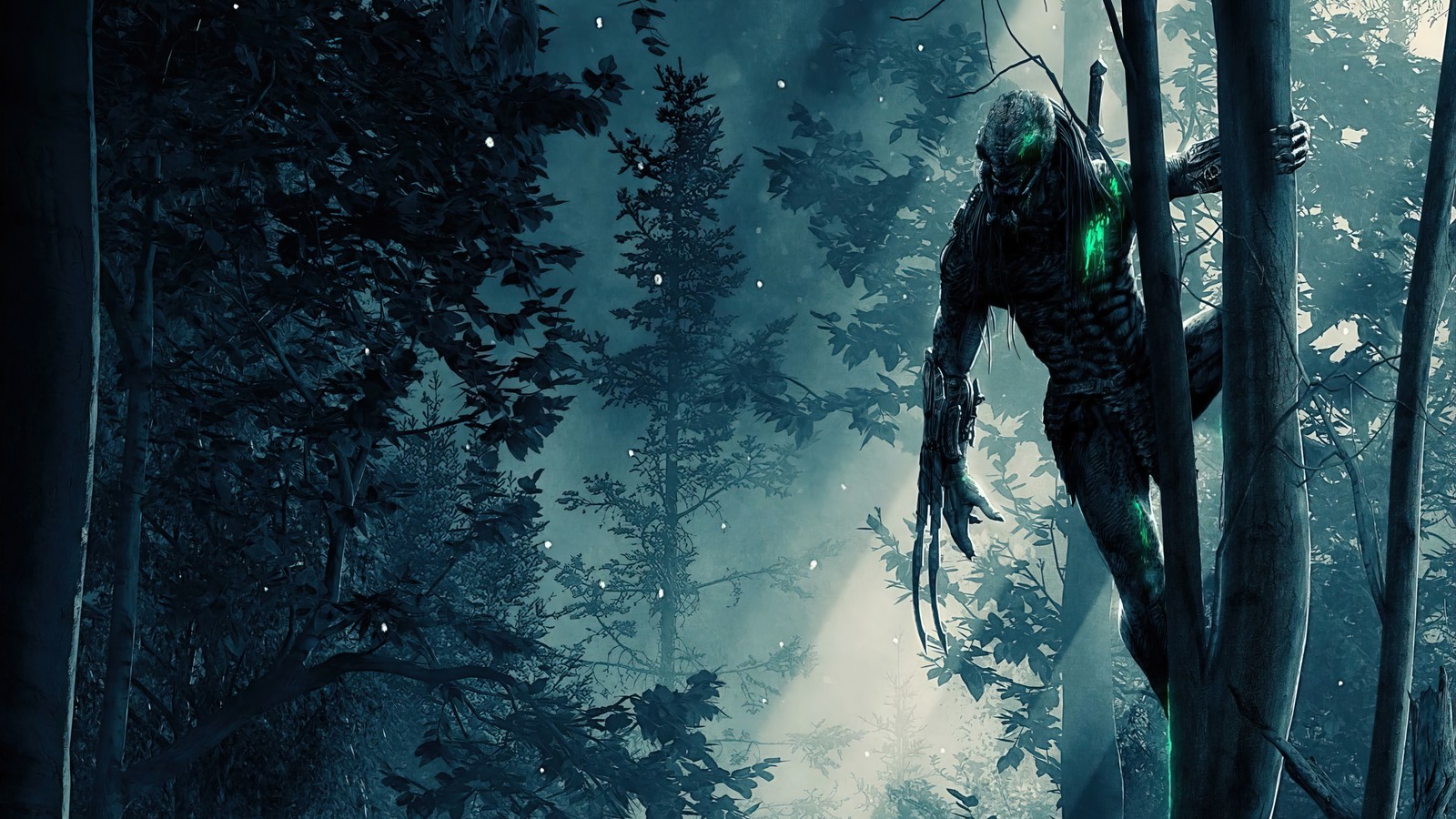 Un primer plano de una persona escalando un árbol en el bosque (predador, prey 2022, hulu, película)