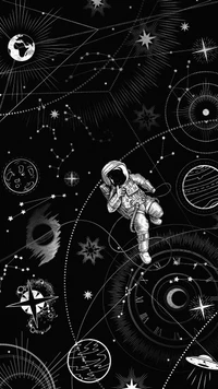 Exploración espacial en monocromo: Un astronauta entre maravillas celestiales