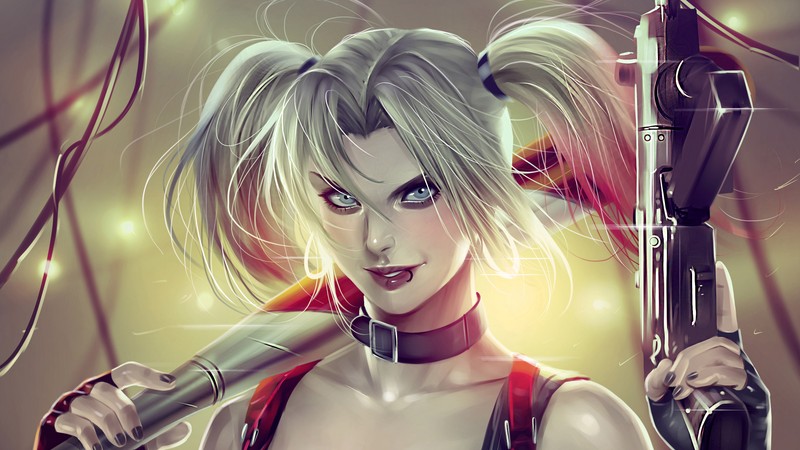 Крупный план женщины, держащей пистолет в руке (harley quinn, комиксы, dc comics)