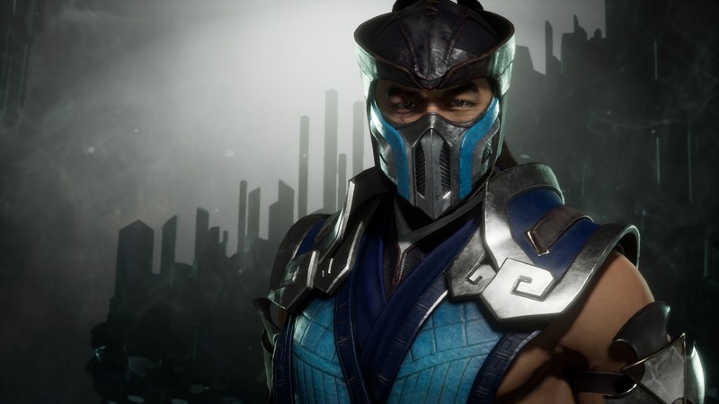 Крупный план человека в синем и черном костюме (sub zero, mortal kombat 11, видеоигра)